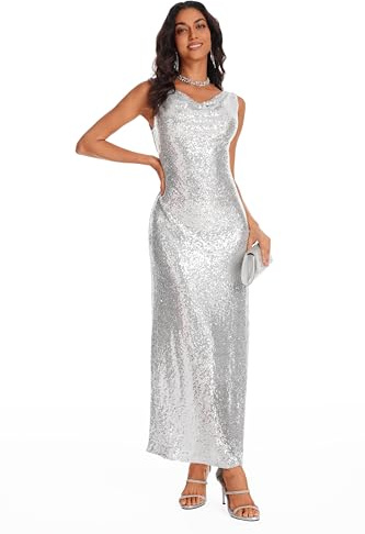 YYPBI Damen Pailletten Kleid Glitzer Kleid Ärmellos Lang Cocktailkleider Abendkleid Partykleid Maxikleid für Hochzeit
