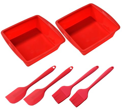 Vrexziy Cake Moulds, 2Pcs Silicone Cake Moulds, Square Cake Tins Square Silicone Baking Trays for Cheesecake Brownie Cake Bread Pancakes Pizza Chocolate Pie(Red)