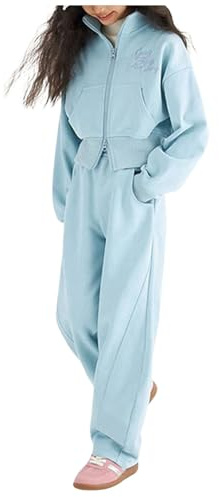 Generisch Chándal para niños, chándal para niña, traje deportivo para niños, con cremallera, cuello alto, pantalones para niñas, empalme, sudadera con capucha, conjunto informal de moda, azul claro