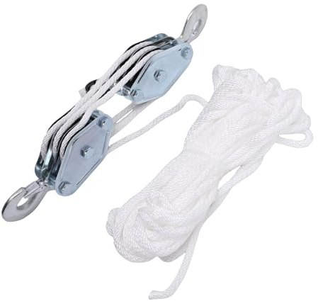 YUEHISY Rope Hoist Pulley System, Heavy Duty Manual 3 Wheel Block and Tackle with 15m White Rope 6:1 Lifting Power, for Animal Husbandry Lifting