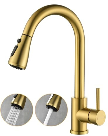 Baollansa Wasserhahn Küche Ausziehbar,Hochdruck Küchenarmatur mit Herausziehbarer Brause Mischbatterie Küche mit 3 Funktionen 360°Drehbar,Kitchen Faucet Zwei Sprühfunktionen (golden)