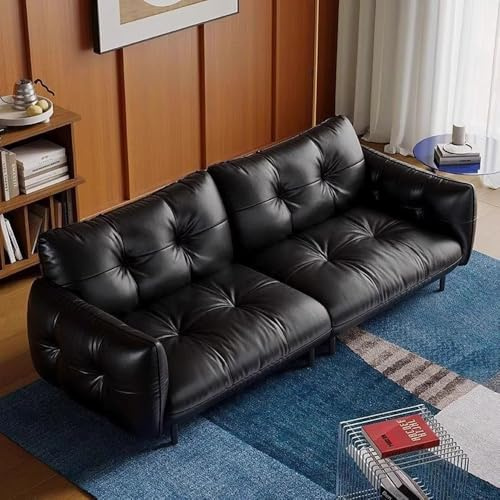 Medeltida fransk retrostil svart lädersoffa, rymlig och mjuk soffa med massiv träram, modern stor storlek, lämplig för vardagsrum/kontor/lägenhet.