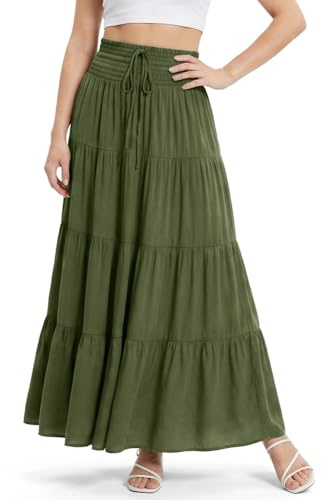 Alaoo Long Skirts for Women, Flowy Elasticated Waist Pleated A Line Skirts with Drawstring, Casual Comfy Boho Women 2in 1 Skirt High Waist Maxi Skirt for Beach Daily Travel Vacation, One Size