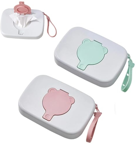 PandaEar 2er Pack Feuchttücherbox Baby Tragbar, Nachfüllbarer Feuchttücher Spender mit Deckel & Trageschlaufe für Wickeltasche, Kinderwagen, Auto und Zuhause, Bär Rosa/Grün