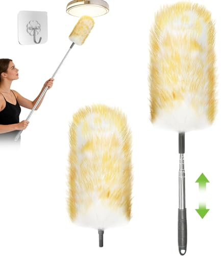 2Pcs Spolverino Lana Agnello Estensibile Fino a 130 cm, Kit Spazzola Cattura Polvere Telescopico Riutilizzabile Lavabile, Piumino Spolverare per Pulizia Schermo, Mobili, Persiane, Soffitto, Ragnatela