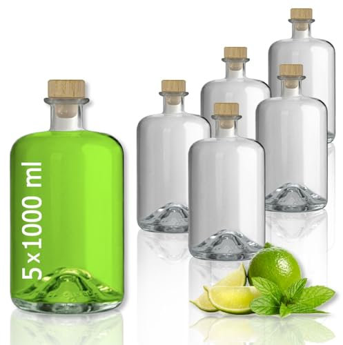 Geniess-Bar! 5 Glasflaschen 1000 ml leer zum selbst Befüllen mit Korken Apothekerflasche Essig Öl Flasche