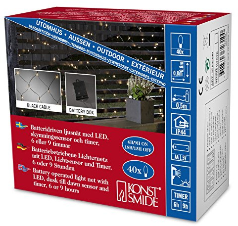 Konstsmide LED Lichternetz, mit Lichtsensor und 6h und 9h Timer, 40 warm weiße Dioden, batteriebetrieben, Außen (IP44), schwarzes Kabel, 4 x AA 1.5V (exkl.) - 3723-100
