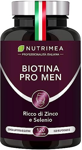 Biotina PRO MEN | con Vitamina B8, Selenio, Zinco e Semi di zucca | Stimola la Crescita della Barba e dei Capelli | Trattamento 4 mesi | 120 capsule