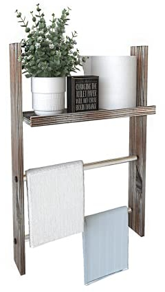 J JACKCUBE DESIGN Rustic Wood Wall Mount Towel Rack with Shelf, Blanket Ladder for Bathroom, Kitchen Hand Towels Holder, Stainless Towel Bar Hanger Farmhouse Decor - MK576A