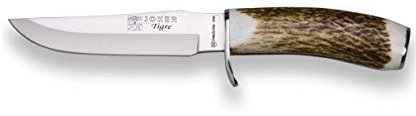 Joker Cuchillo de monte Tigre CC33, con cachas en asta de ciervo y hoja MOVA de 14 cm, funda de cuero, cruceta inox, herramienta de pesca, caza, camping y senderismo