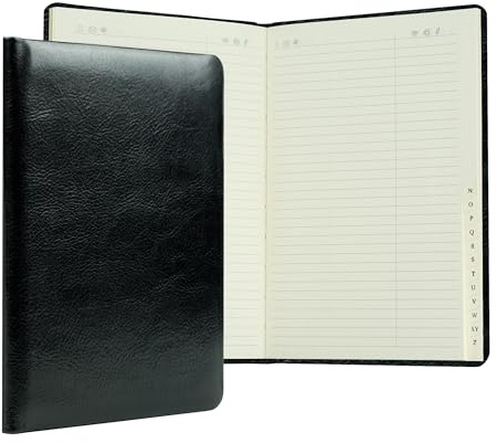 DELMON VARONE - Personalisierbares Adressbuch DIN A5 gebunden mit A-Z Register in Vintage Leder schwarz - Telefonbuch mit leicht wattiertem Hardcover Einband und alphabetischem Telefonregister