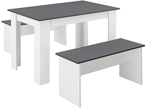 [en.casa] Tisch- und Bank Set 3 teilig Essgruppe für 4 Tisch 110 x 70 cm mit 2 Bänken Tischgruppe Sitzgruppe Weiß/Grau