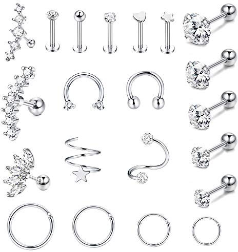 Milacolato 21Pcs Edelstahl Piercing Ohr Set Ohrringe Knorpel Ohr Clicker Hoops Tragus Helix Conch Piercing Ring Septum Nasenring Labret Nase Lip CZ Helix Piercings Stecker Schmuck 16G