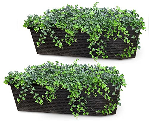 SG Traders Set of 2 Window Box Rattan Flower Troughs Plant Pot Garden Patio Balcony Terrace Box Plastic Flowerpot Balcony Boxes Rattan Planters Perfect for the Terrace, Windowsill, L-53 x H-14 cm