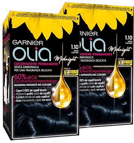 2x Garnier Olia Midnight Colorazione Capelli Tinta Permanente Colore 1.10 Nero Zaffiro Senza Ammoniaca Fragranza Delicata - 2 Tinte