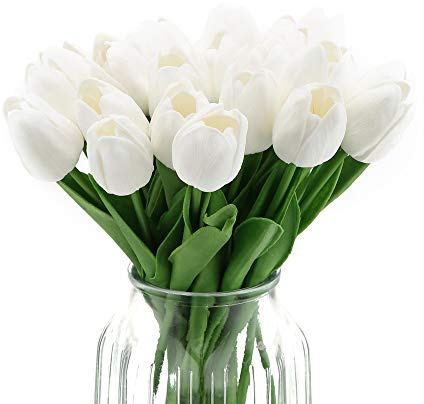 IPOPU 24PCS White Tulips Artificial Flowers Real Touch Tulips Flowers White Fake Tulips Flowers for Home Table Decoration Wedding Bouquet Party Baby Shower Centerpieces Bridal Bouquet Decor (White)