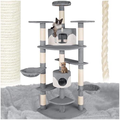tectake® XXL Kratzbaum für Katzen, Katzenkratzbaum groß, mit Zubehör Katzenspielzeug Kordel, Liegemulde, 2X Katzenhöhle, Katzenbaum mit Kratzsäule aus Sisalseil, deckenhoch - grau/weiß