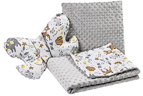 Medi Partners Coperta per Bambini set 3in1 100% cotone Coperta per gattonare Minky 55x75 + 35x30cm cuscino piatto e cuscino anti-shock Butterfly (Cervo con Minky grigio)