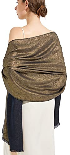 Glittrande metallisk pashminasjal sjal halsduk för brud bröllop kväll fest formella klänningar, C#. Svart och guld