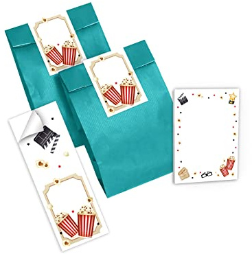 Junapack 12 Mini-Notizblöcke + 12 Geschenktüten (Petrol) + 12 Aufkleber Kino Kino-Party Mitgebsel Gastgeschenk beim Kindergeburtstag Jungen Mädchen