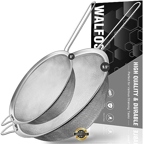 Walfos Großes extra feines Maschensieb 9,5 & 8, Edelstahlsieb mit stabilem Griff, Küchensiebe für Quinoa, Nudeln, Obst, Gemüse, Reis, usw., 2er-Set