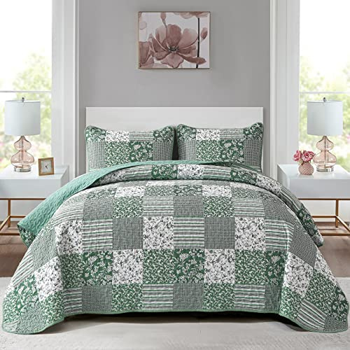 Mybedsoul Sage Green Boho King Quilt Set, 3-Piece Reversible Soft Plaid Floral Bedding Set with 2 Pillow Shams - Sage Green King Size Quilt Bedspread Coverlet Set 90x104
