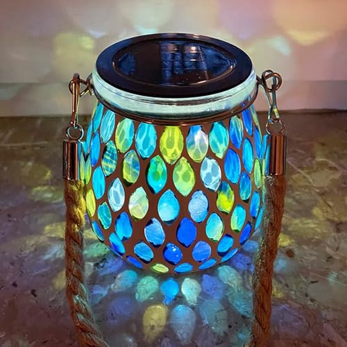 TOTHDATE 1PCS Oval Mosaic Solar Lights Outdoor Garden, On/Off Glass Hanging Solar Mosaic Lanterns Lights IP65 Waterproof for Table Lawn Path Courtyard Deck Fence, Blue Mosaic Glass