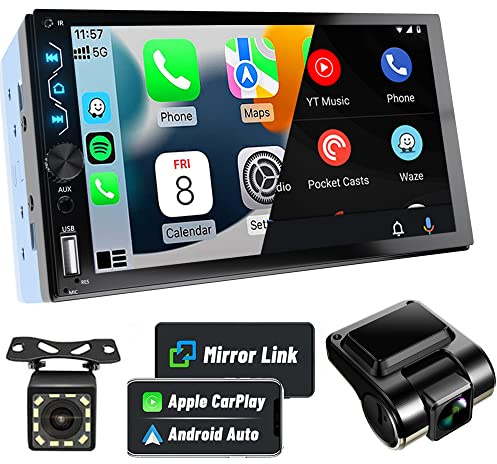 Leadfan Double Din Car Stereo with Dash Cam,7 Inch Full HD Touchscreen Car Audio Receiver Support Carplay and Android Auto,Car Stereo with Bluetooth,Mirror Link,Backup Camera,FM/USB/AUX/Subwoofer