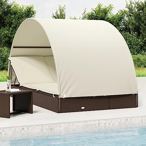 Homgoday Doppelliege mit rundem Dach, braun, 211 x 112 x 140 cm, Polyrattan, Sonnenliegen, Liegestühle für den Garten, Sonnenliege für den Garten