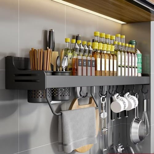 COITROZR Gewürzregal,Küchenregal Wand ohne Bohren,Gewürzregal Hängend Mit 6 Haken & 2 Hängebecher Anhebbares,Küchen Organizer Wandregal Regal,küchenutensilienhalter,40cm Schwarz