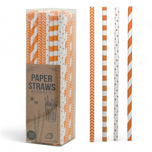 MIJOMA Pajitas de papel ecológicas para cumpleaños infantiles, bodas, bautizos, fiestas, biodegradables (naranja, lunares y rayas, 100 unidades)