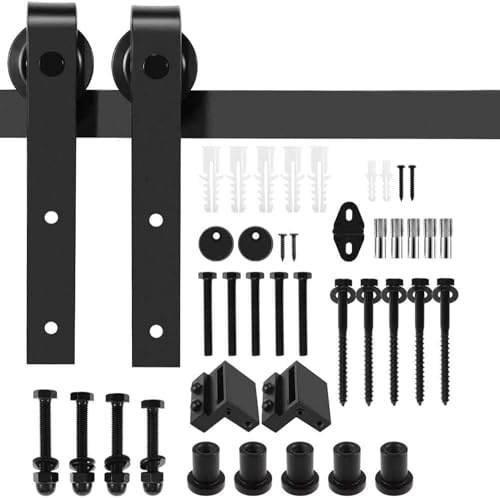 Sliding Barn Door Hardware Kit, Heavy Duty Carbon Steel J-Shape Hangers, Smooth & Quiet Rolling Track Rail System for Single Wooden Door, Fits 35-45mm Thickness, Matte Black (Black, 5FT)
