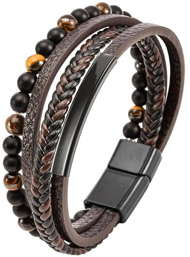 Mochity Läderarmband herr pojke, 21 cm armband för män med naturstenspärlor, armband armband stål läder svart brun blå, present till farfar smycken, 21 centimeters, Rostfritt stål, Rostfritt stål