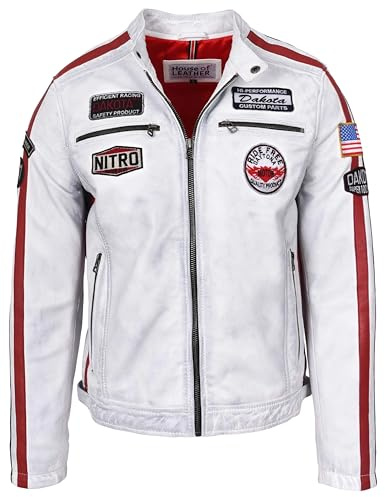Veste de motard en cuir véritable pour homme style bobby avec badges de course de motorsport, blanc vintage, M
