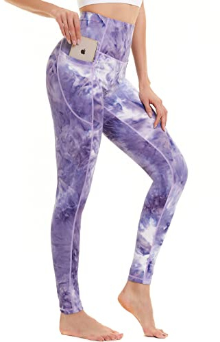 AMYTIS High Waist-gymleggings för kvinnor, stretchiga, mjuka yogabyxor för kvinnor, magkontroll, träning, löpning, leggings med fickor, Batikfärg 28, S