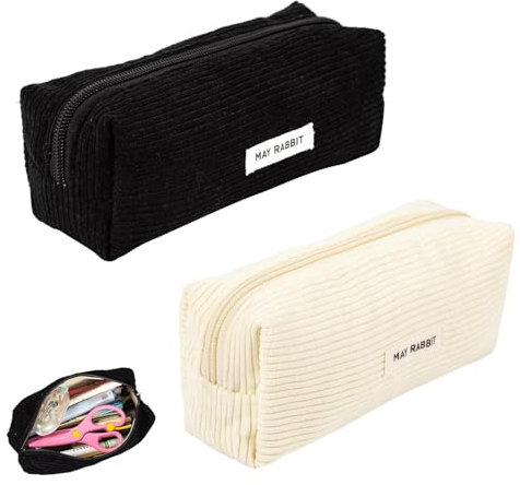 KUIZHEN 2 Stück Federmäppchen Cord-Stoff, Kosmetiktasche & Stiftetasche mit Reißverschluss, Großes Retro Mäppchen für Schule Büro (Schwarz, Weiß)