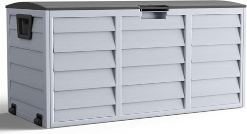 EAZILIFE Caja de almacenamiento de plástico para interiores y exteriores, impermeable, cojines, juguetes, bricolaje, 112 x 49 x 54 pulgadas, color gris