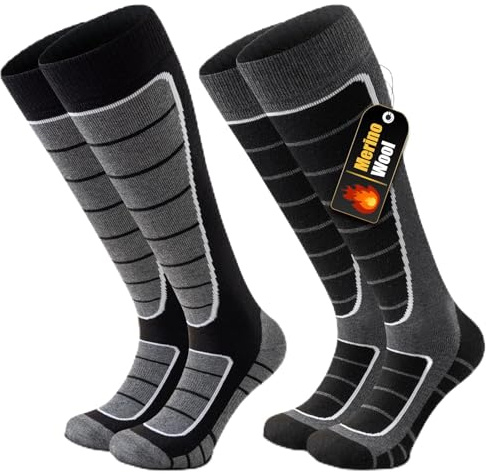 Stoeury 2 Paar Merinowolle Skisocken Herren Damen, Gepolsterte Skisocken, Bequeme Snowboard Socken, Warme Skistrümpfe, Thermosocken Wintersocken für Skifahren, Snowboarden, Schwarz und Grau, M