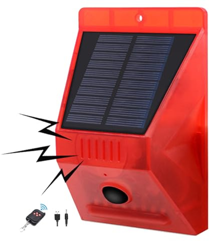 ROYELLE Alarme Extérieur Solaire, Alarme Détecteur De Mouvement | 129dB lumière clignotante ,4 modes, charge solaire USB , IP65, dissuade intrus sur verger étang maison