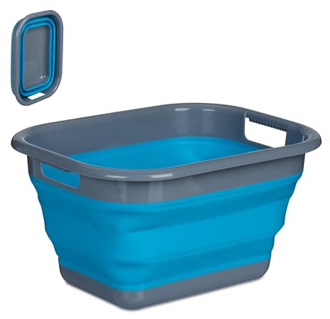 Relaxdays Wäschekorb faltbar, 15 Liter, Wäschewanne Kunststoff, platzsparend zusammenklappbar, mit Griffen, blau/grau