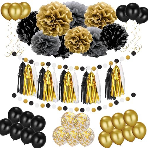 Cotepi Juego de decoración de fiesta,57 unidades,Globos negros y dorados,Bolas de flores de papel, borlas, espiral dorada, flores y globos,para cumpleaños Navidad Carnaval Año Nuevo decoración