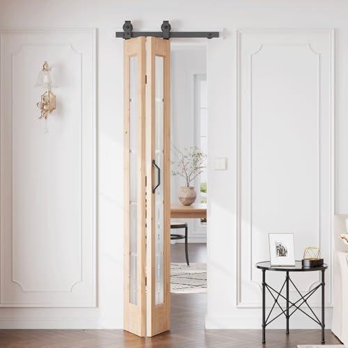 CEAKIAN Preassembled Bifold Barn Door 24 x 84 in (Double 12x84in) with Bi-fold Door Hardware Kit, Frosted Glass Cross Transparent, Pre-Drilled Holes, French Glass Doors, Wood Slat, Fit 24in Opening