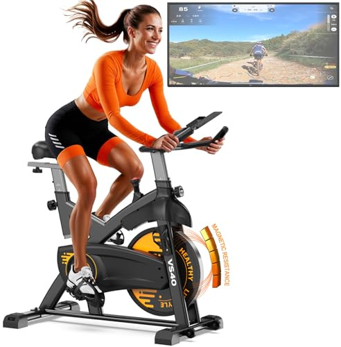 VOWVIT Cyclette con resistenza magnetica: silenziosa cyclette con monitor LCD e Smart Bluetooth per interni con seduta regolabile, telaio ad H, portata fino a 160 kg