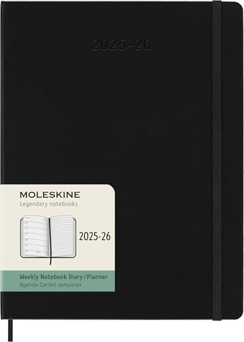 Moleskine Weekly Planner 2025-2026, Agenda Semanal 18 Meses Con Espacio para Notas, Tapa Dura y Cierre Elástico, Formato XL 19 x 25 cm, Color Negro