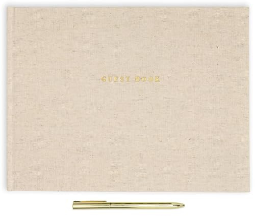 ELYN Linen Guest Book, Sign in Book for Wedding Reception, Birthday, Baby Shower & Events, Matching Gold Gel Pen, Photo Pockets & Table Sign, 80 Pages (Blank & Lined), Large, 11.5 in x 8.5 in (Linen)