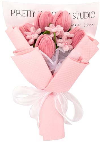 Completed Pipe Cleaners Tulip Flowers Bouquet, Pink Handmade Pipe Cleaners Bouquet, 5 Tulip 10 Daisy 15 PCS for Christmas Mother's Day Birthday Wedding Home Decor Gifts for Mom