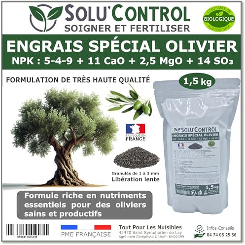 ENGRAIS Spécial OLIVIER 1,5 kg - SoluControl - Formulation haute qualité Organo-Minerale - NPK 5-4-9 - Utilisable en Agriculture BIOLOGIQUE