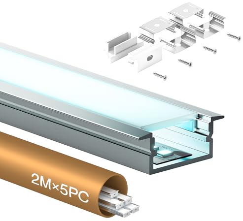Shine Plus LED Profil U-Form 2m 5 Stück, Schiene aus eloxiertem Aluminium, kanal für Streifen bis 17mm, diffusor für gleichmäßige Lichtverteilung (5×2Meter)