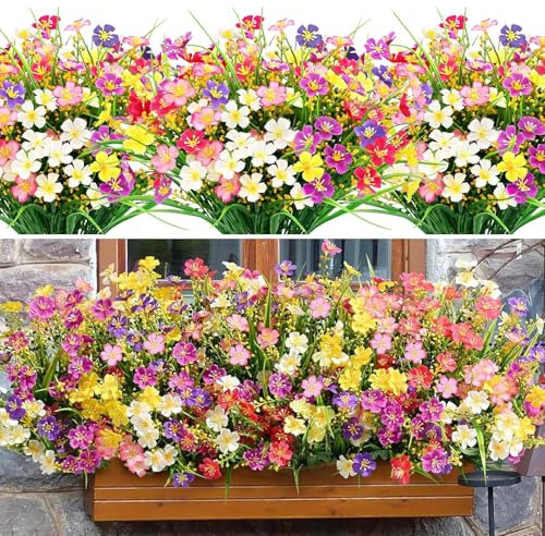 12 Bundles Artificial Flowers Outdoor - 6 Colors UV Resistant Faux Plastic Plants for Decoration Fake Flowers Plastic Greenery Shrubs Indoor Outside for Outside Hanging Baskets Planter Home Decorating