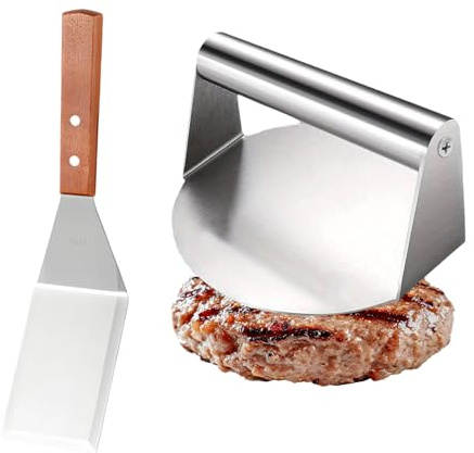 DEANKEJI Smash Burger Kit, Pressa per Hamburger Rotondo da 5.5 Pollici con Spatola da 29.5 × 7.1 cm, Hamburger Attrezzo in Acciaio Inox per Grigliate Piatte e Riduzione del Grasso, Facile da Pulire